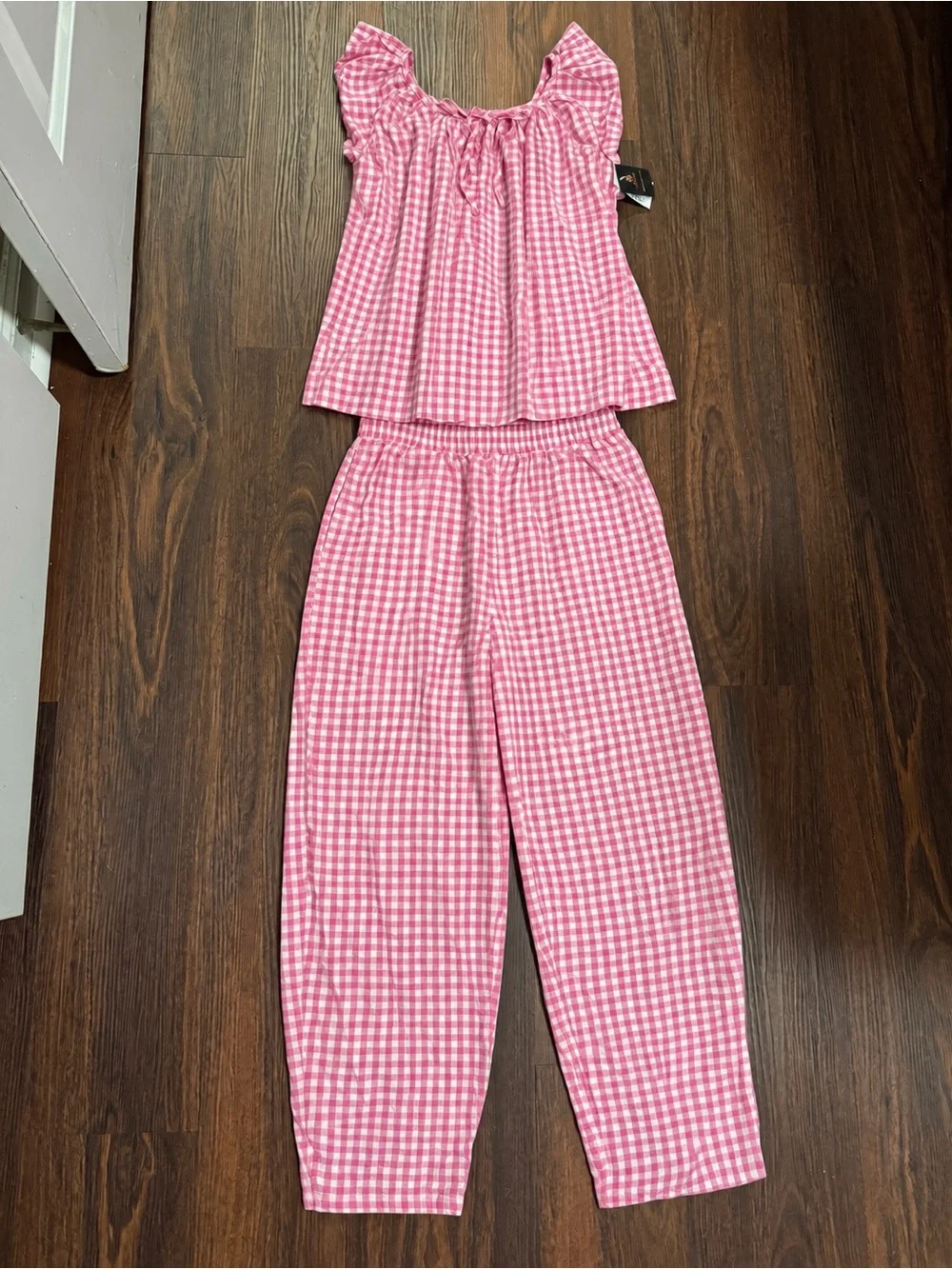 Women's Pink Gingham Ruffle Sleeve Pajama Set